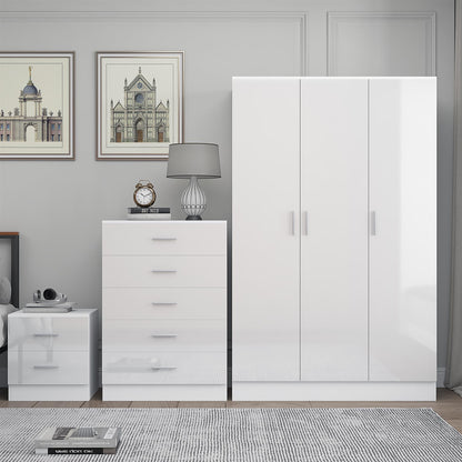 REFLECT Gloss 3pc Bedroom Set - 3 Door Wardrobe + 5 Draw Chest + Bedside