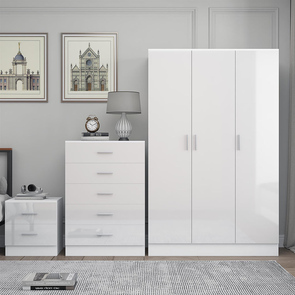 Reflect 3 Door Plain Wardrobe, 5 Drawer Chest, 2 Drawer Bedside - White Gloss & Matt White - Modern Bedroom Furniture Set