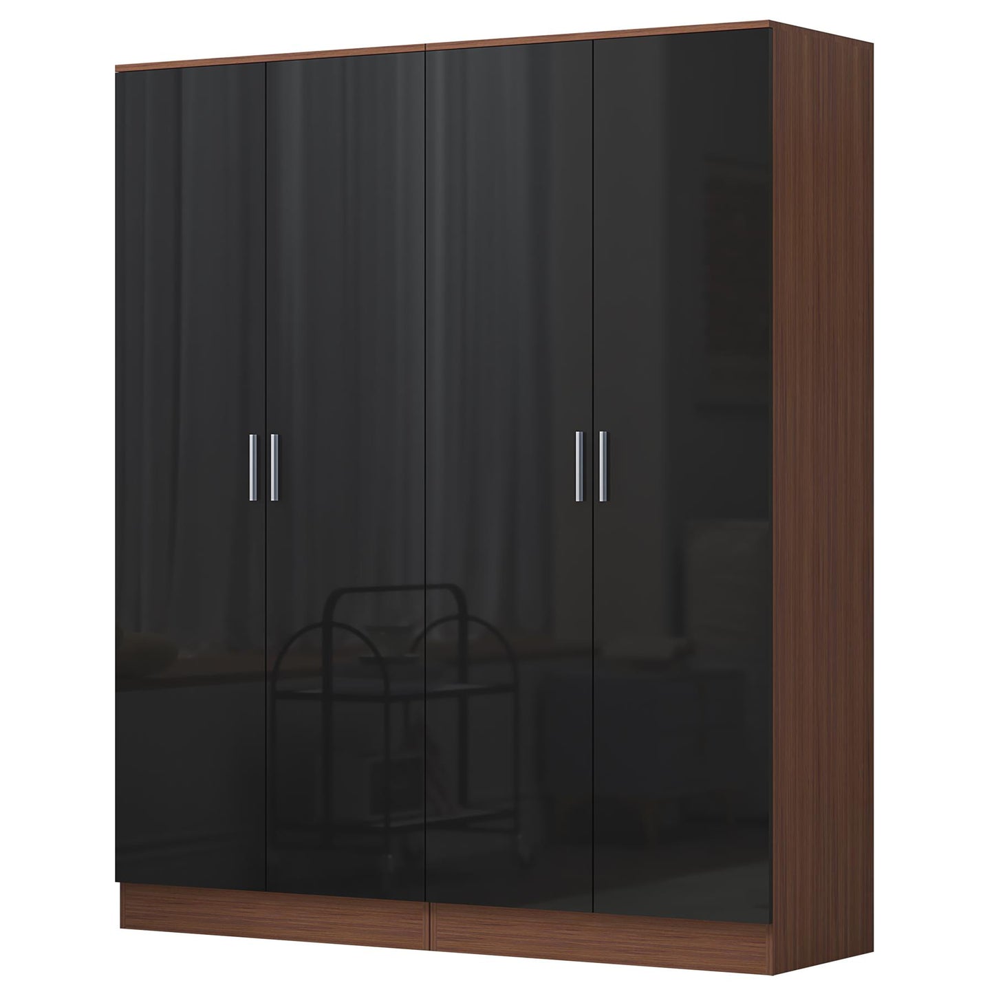 Reflect 2x 2 Door Plain Wardrobe Bundle - Black Gloss & Walnut - Hanging Rails & Shelves - Modern Sleek Design
