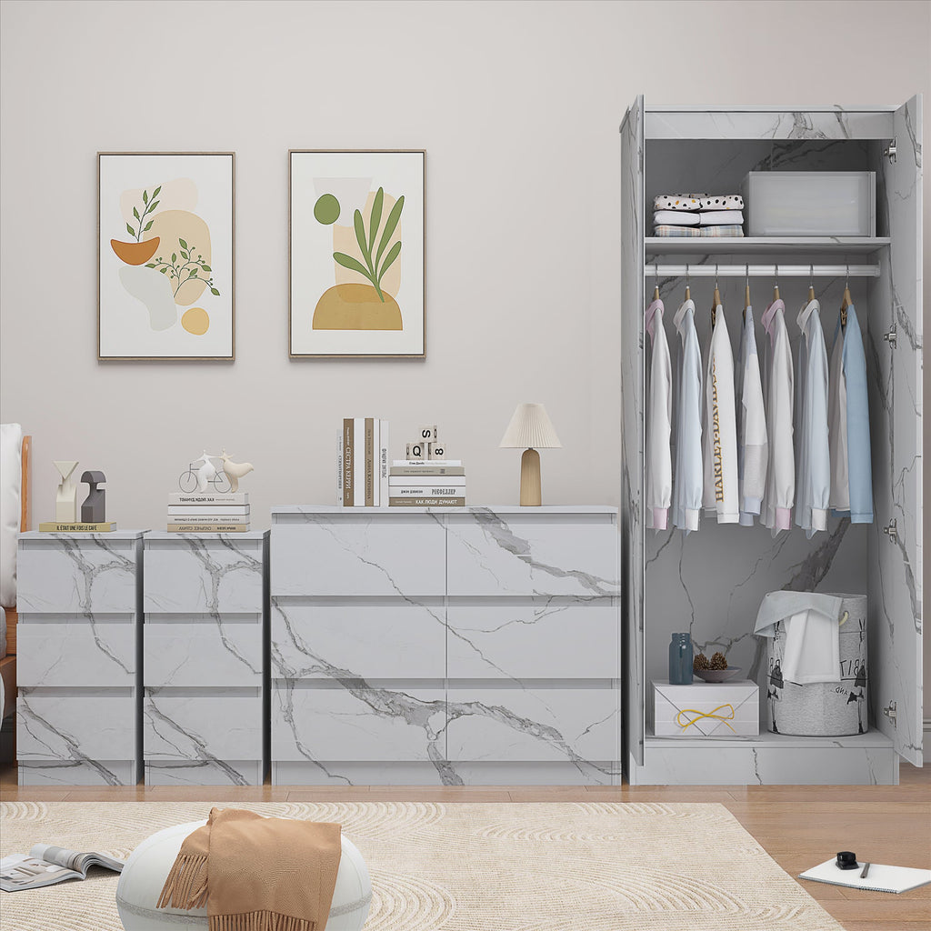 ZITA 4pc Bedroom Set White Marble Effect - Wardrobe, 6 Drawer Chest & 2 Bedsides