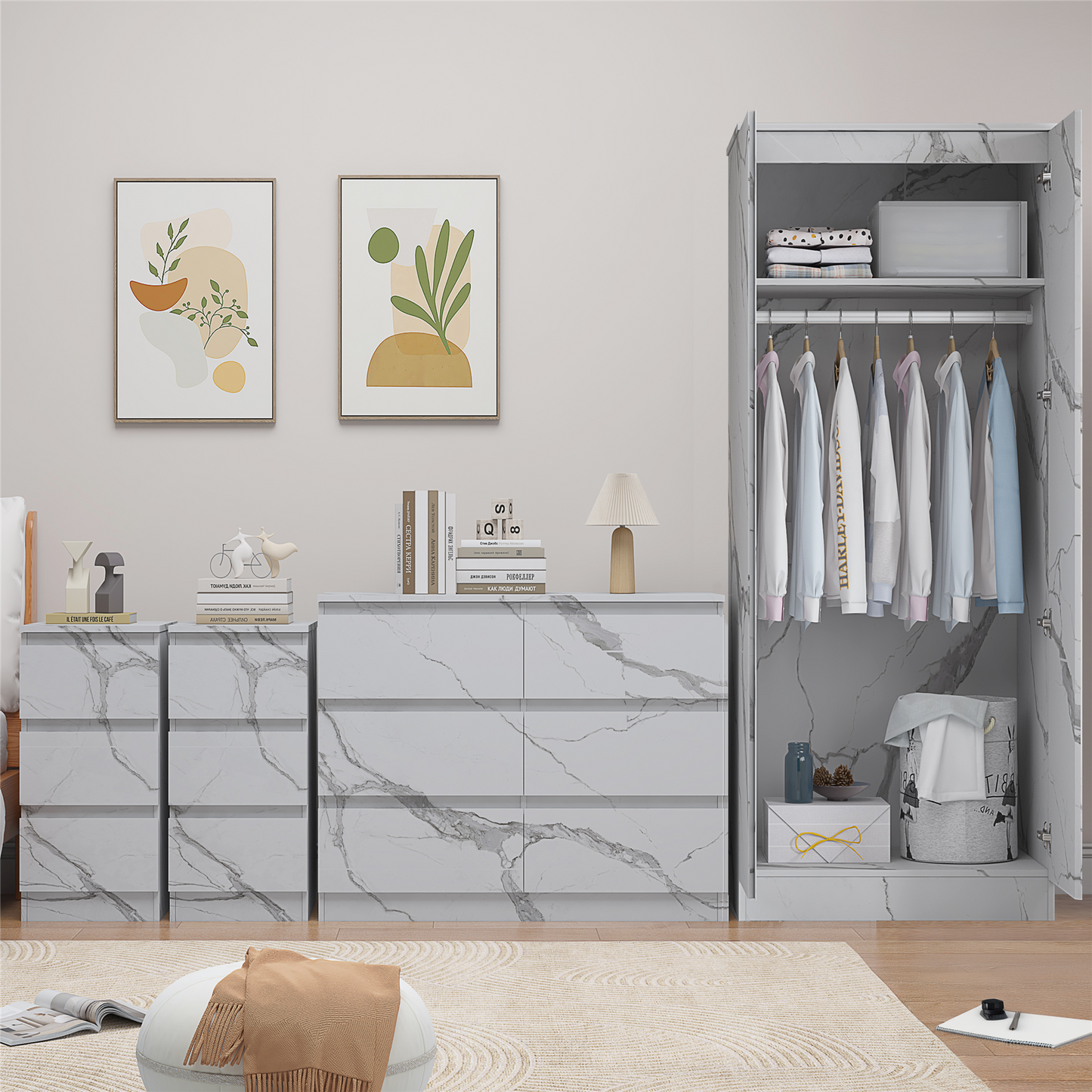 ZITA White Marble Effect 4 Piece Bedroom Set - Wardrobe, 6 Drawer Chest & 2 Bedside Tables, Stylish Bedroom Furniture