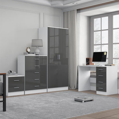 REFLECT Gloss 4pc Bedroom Set - 2 Door Wardrobe + 5 Draw Chest + Bedside + Desk