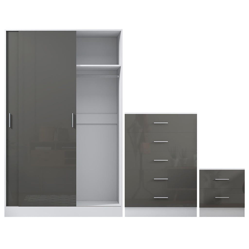 REFLECT Gloss 3pc Set - 2 Door Sliding Wardrobe + 5 Draw Chest + Bedside