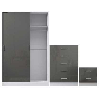 REFLECT Gloss 3pc Set - 2 Door Sliding Wardrobe + 5 Draw Chest + Bedside