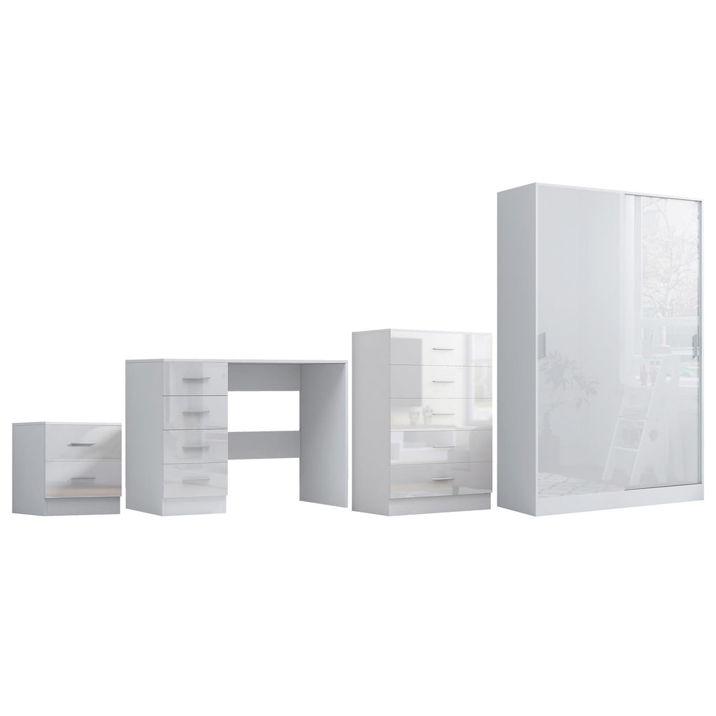 REFLECT Gloss 4pc Set - 2 Door Sliding Wardrobe + 5 Draw Chest + Bedside + Desk