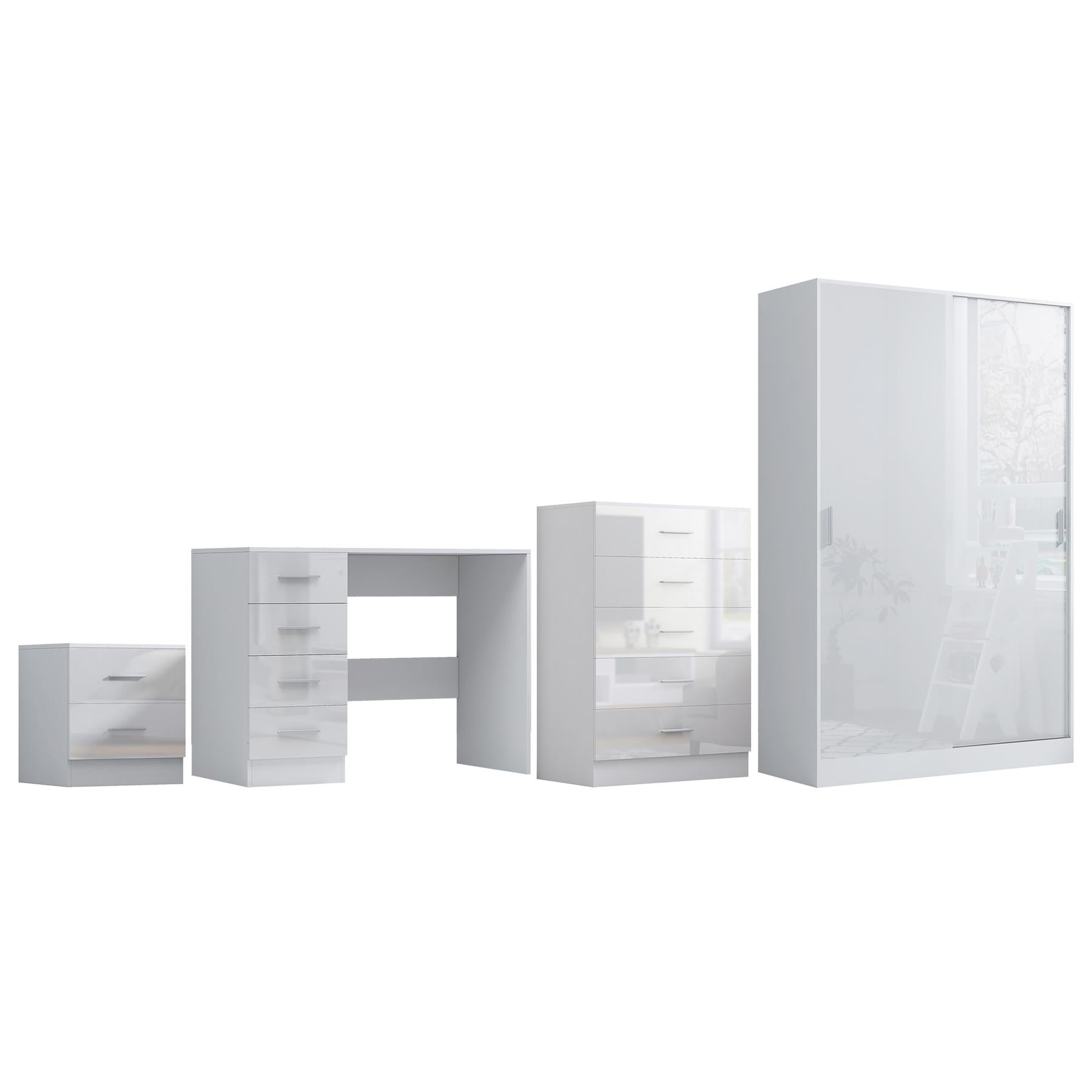 Reflect 2 Door Sliding Wardrobe, 5 Drawer Chest, 2 Drawer Bedside & Desk - White Gloss & Matt White - Modern Bedroom Furniture Set