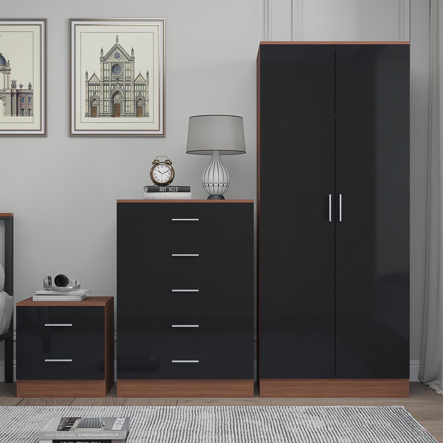 Reflect 2 Door Plain Wardrobe, 5 Drawer Chest, 2 Drawer Bedside - Black Gloss & Walnut - Modern Bedroom Furniture Set