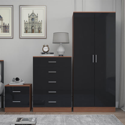 Reflect 2 Door Plain Wardrobe, 5 Drawer Chest, 2 Drawer Bedside - Black Gloss & Walnut - Modern Bedroom Furniture Set
