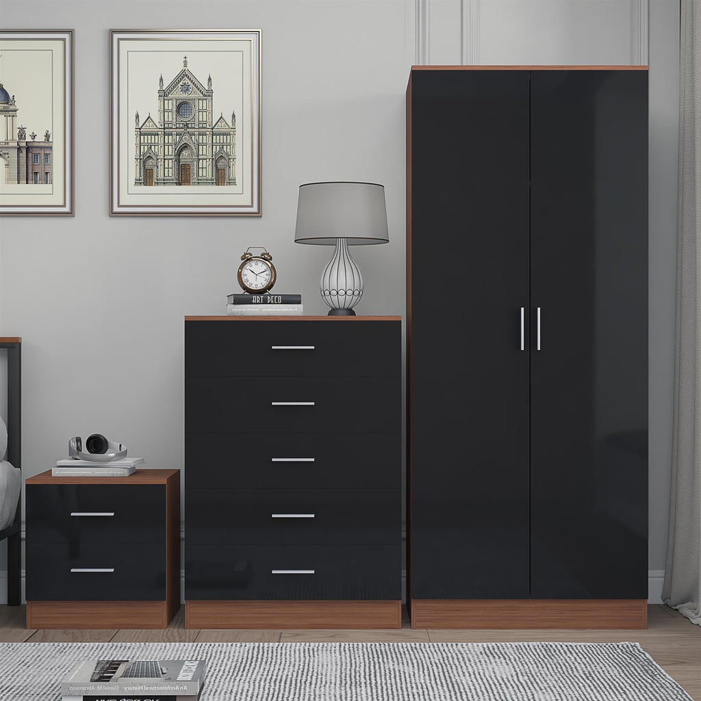 Reflect 2 Door Plain Wardrobe, 5 Drawer Chest, 2 Drawer Bedside - Black Gloss & Walnut - Modern Bedroom Furniture Set