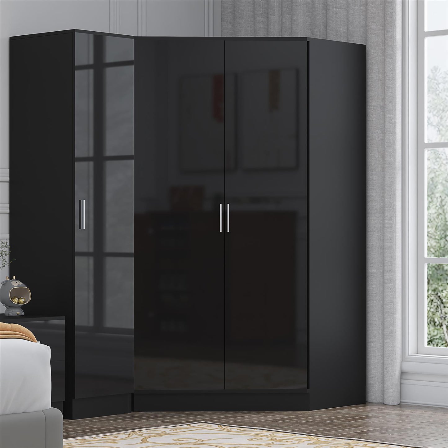 Reflect 2pc Wardrobe Bundle - 2 Door Corner + 1 Door Plain - Black Gloss & Black Oak