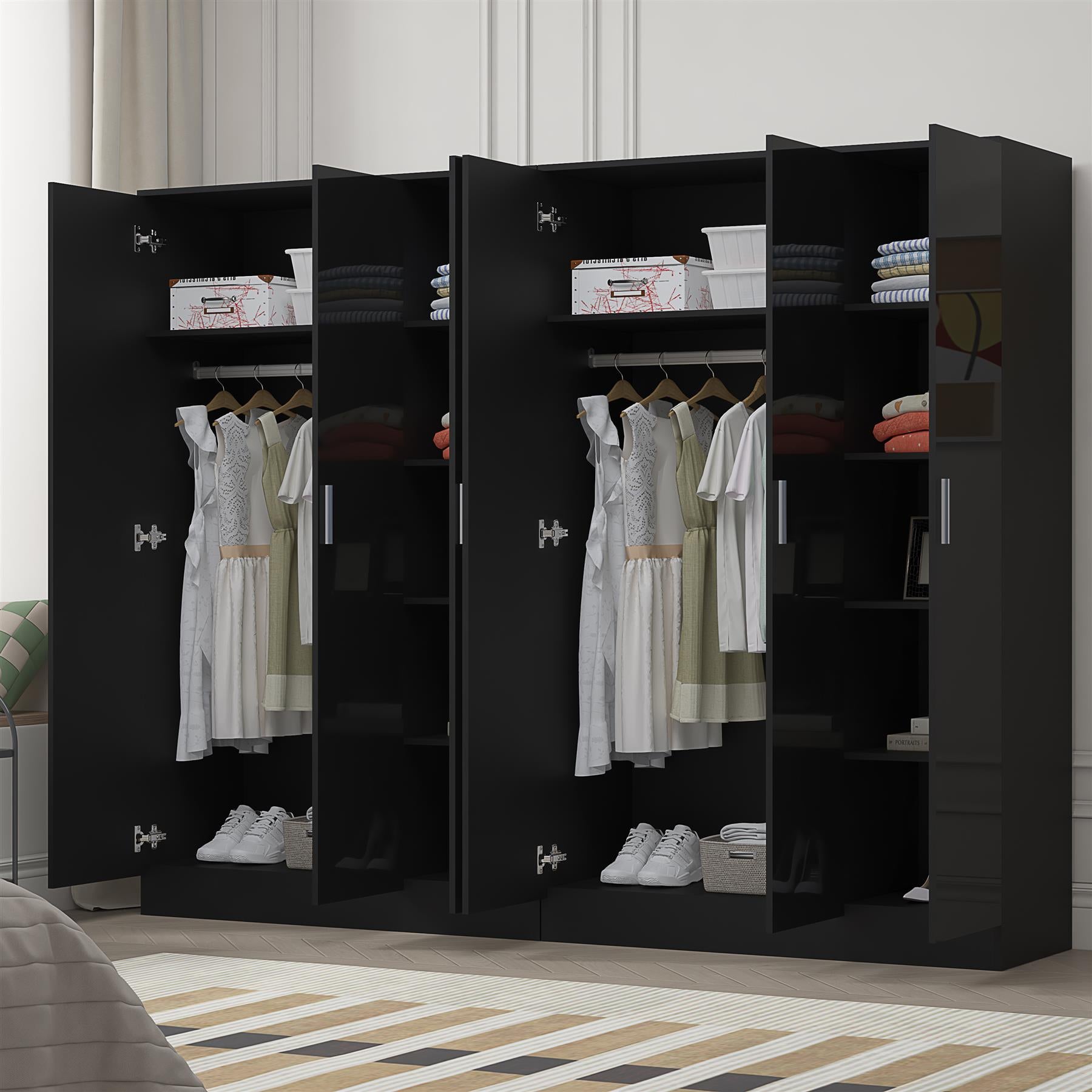 Reflect 2pc Wardrobe Bundle - 3 Door Plain + 3 Door Plain - Black Gloss & Black Oak