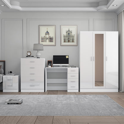 Reflect 3 Door Mirror Wardrobe, 5 Drawer Chest, 2 Drawer Bedside & Desk - White Gloss & Matt White - Modern Bedroom Furniture Set