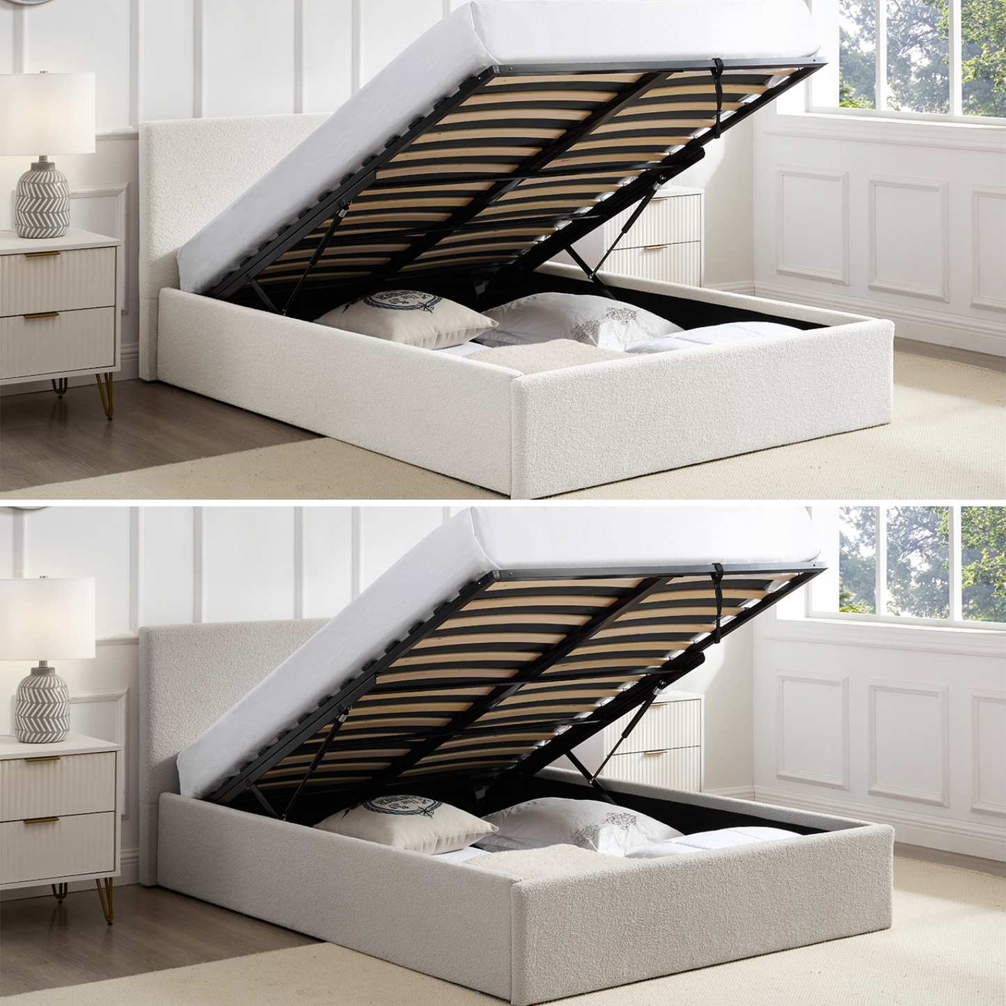 TEDDY Beige Boucle Fabric Ottoman Storage Bedframe - 2 Colour + 3 Size Options
