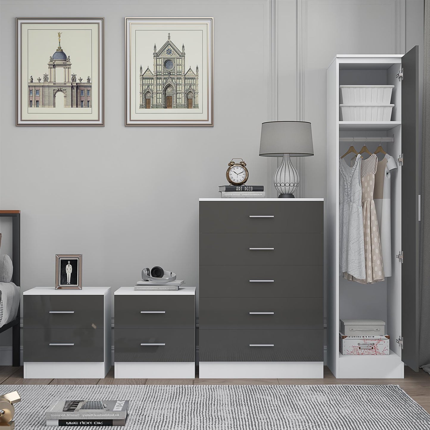 REFLECT Gloss 4pc Bedroom Set - 1 Door Wardrobe + 5 Draw Chest + 2 Bedsides