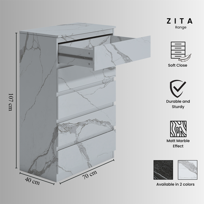 ZITA White Marble Effect 5 Drawer Chest - Modern Storage Unit, Stylish Bedroom Storage