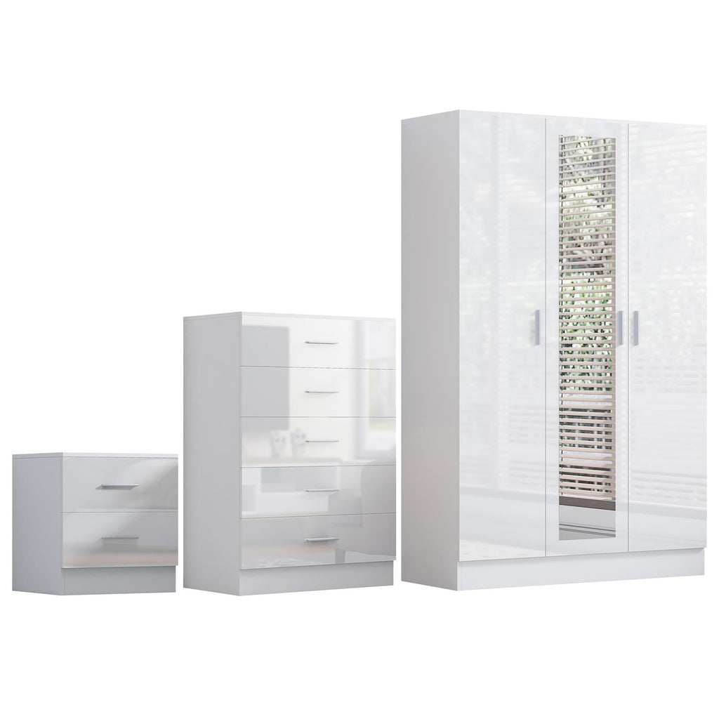 REFLECT Gloss 3pc Set - 3 Door Mirrored Wardrobe + 5 Draw Chest + Bedside