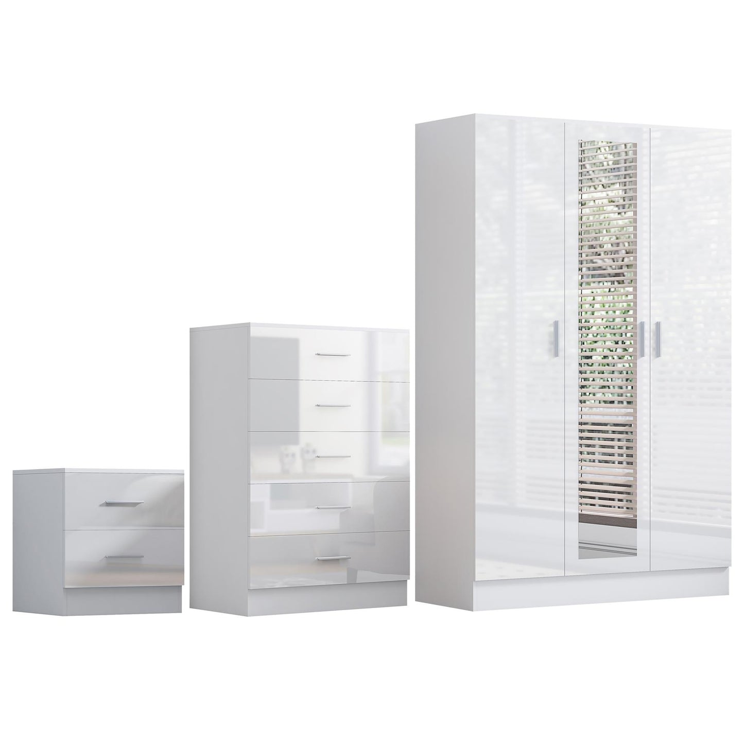 REFLECT Gloss 3pc Set - 3 Door Mirrored Wardrobe + 5 Draw Chest + Bedside