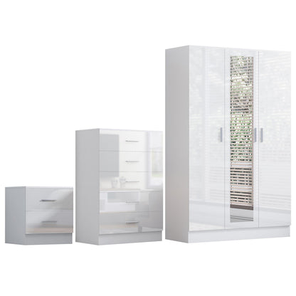 REFLECT Gloss 3pc Set - 3 Door Mirrored Wardrobe + 5 Draw Chest + Bedside
