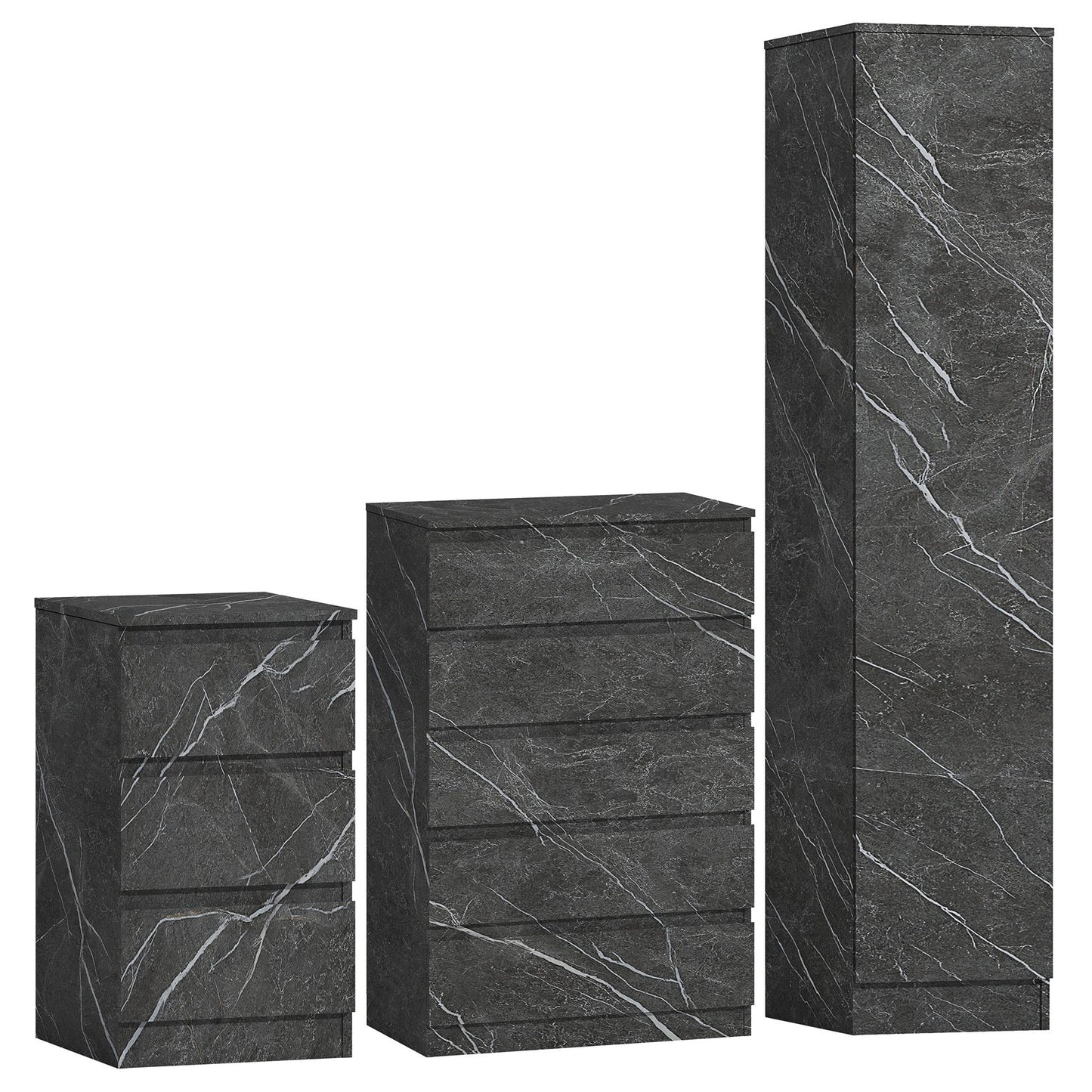 ZITA 3pc Set - 1 Door Wardrobe + Tall Chest + Bedside in White OR Grey Marble