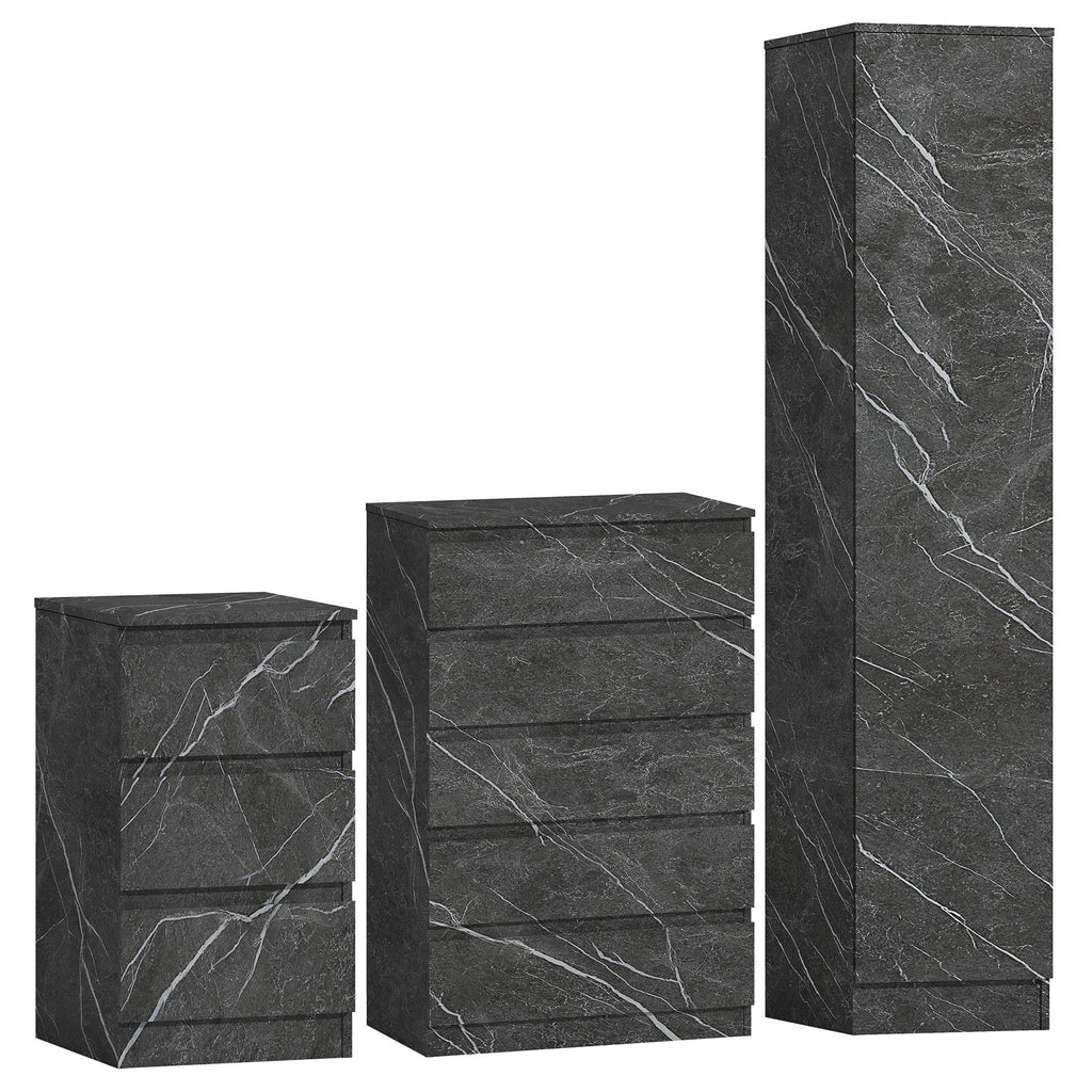 ZITA Grey Marble Effect 3 Piece Bedroom Set - 1-Door Wardrobe, Chest & Bedside Table, Stylish Modern Storage Furniture