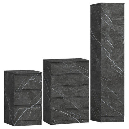 ZITA Grey Marble Effect 3 Piece Bedroom Set - 1-Door Wardrobe, Chest & Bedside Table, Stylish Modern Storage Furniture