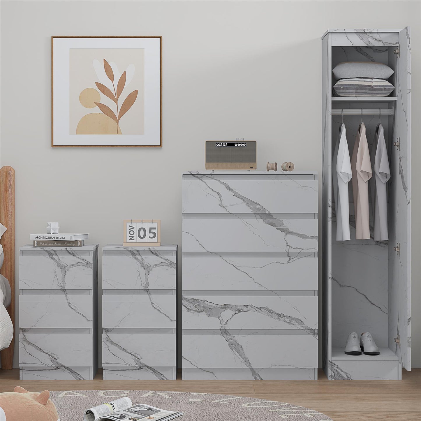 ZITA 3/4pc Bedroom Furniture Sets Wardrobe Chest Bedside - White OR Grey Marble