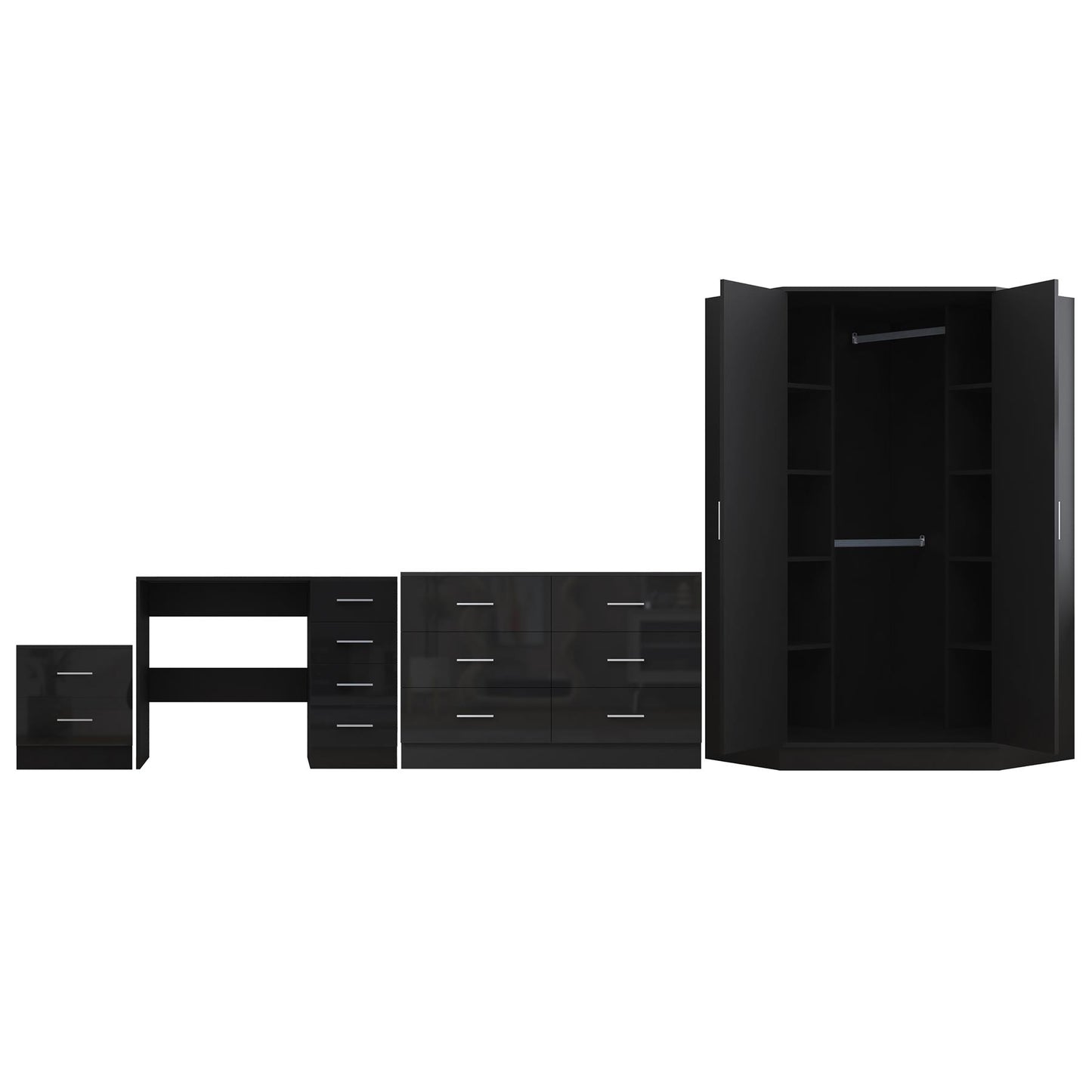 Reflect 2 Door Corner Wardrobe, 6 Drawer Chest, 2 Drawer Bedside & Desk - Black Gloss & Black Oak - Bedroom Furniture Set