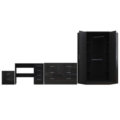 Reflect 2 Door Corner Wardrobe, 6 Drawer Chest, 2 Drawer Bedside & Desk - Black Gloss & Black Oak - Bedroom Furniture Set