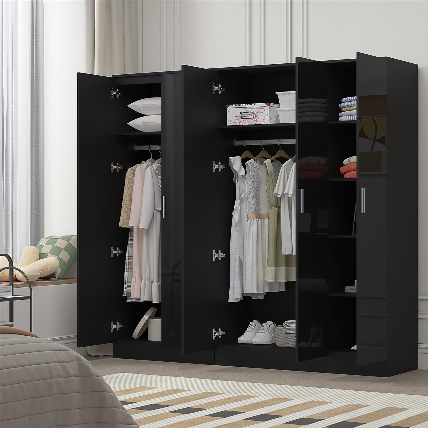 Reflect 2pc Wardrobe Bundle - 3 Door Plain + 2 Door Plain - Black Gloss & Black Oak