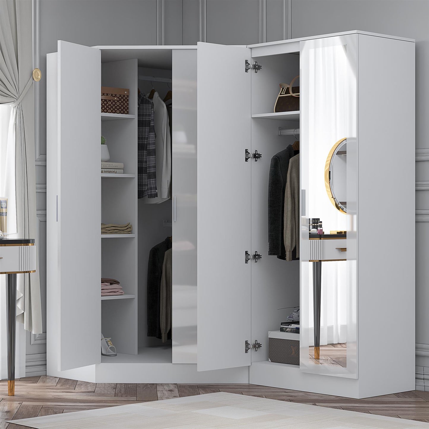 Reflect 2pc Wardrobe Bundle - 2 Door Corner + 2 Door Mirror - White Gloss & Matt White