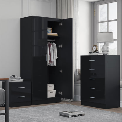 REFLECT Gloss 3pc Bedroom Set - 2 Door Wardrobe + 5 Draw Chest + Bedside