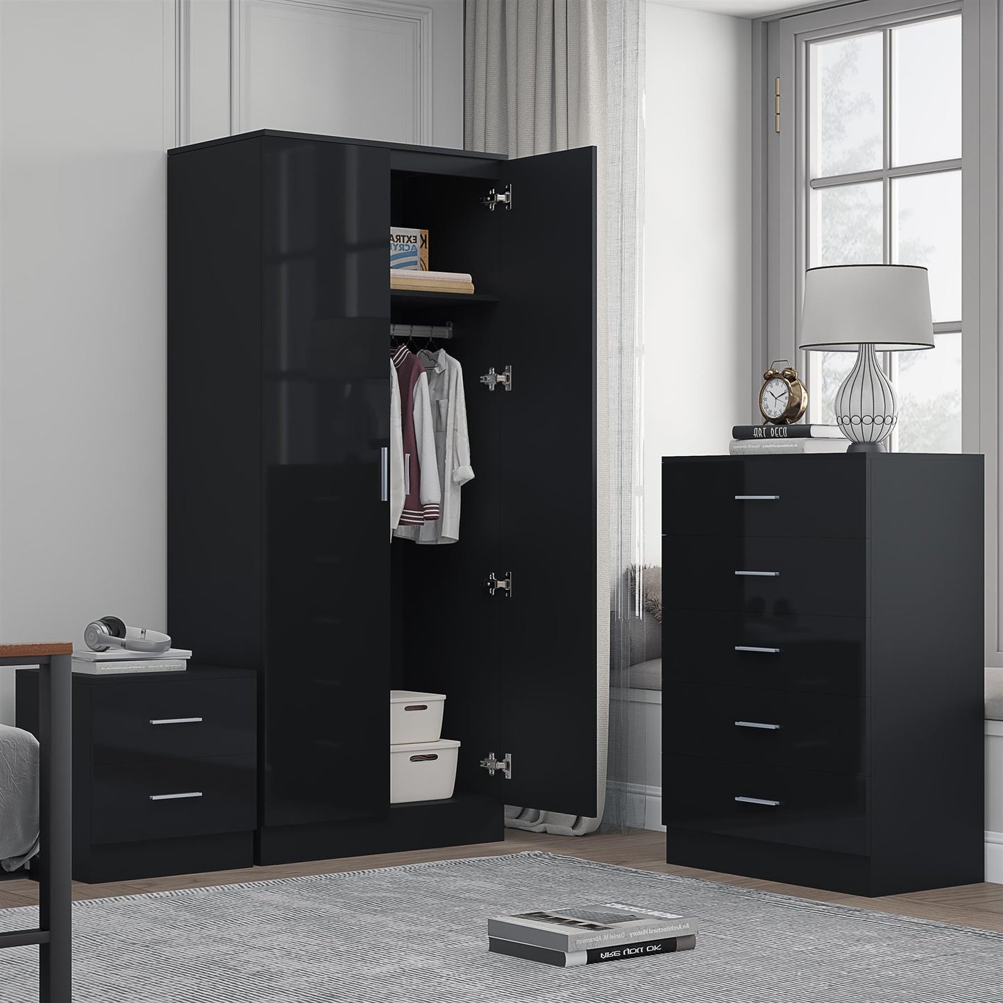 Reflect 2 Door Plain Wardrobe, 5 Drawer Chest, 2 Drawer Bedside - Black Gloss & Black Oak - Modern Bedroom Furniture Set