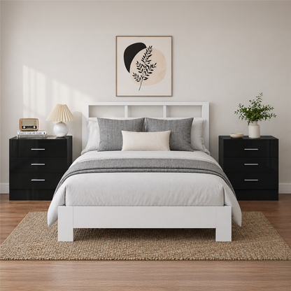 Reflect 3 Drawer Bedside Bundle (2x) - Black Gloss & Black Oak - Modern Bedside