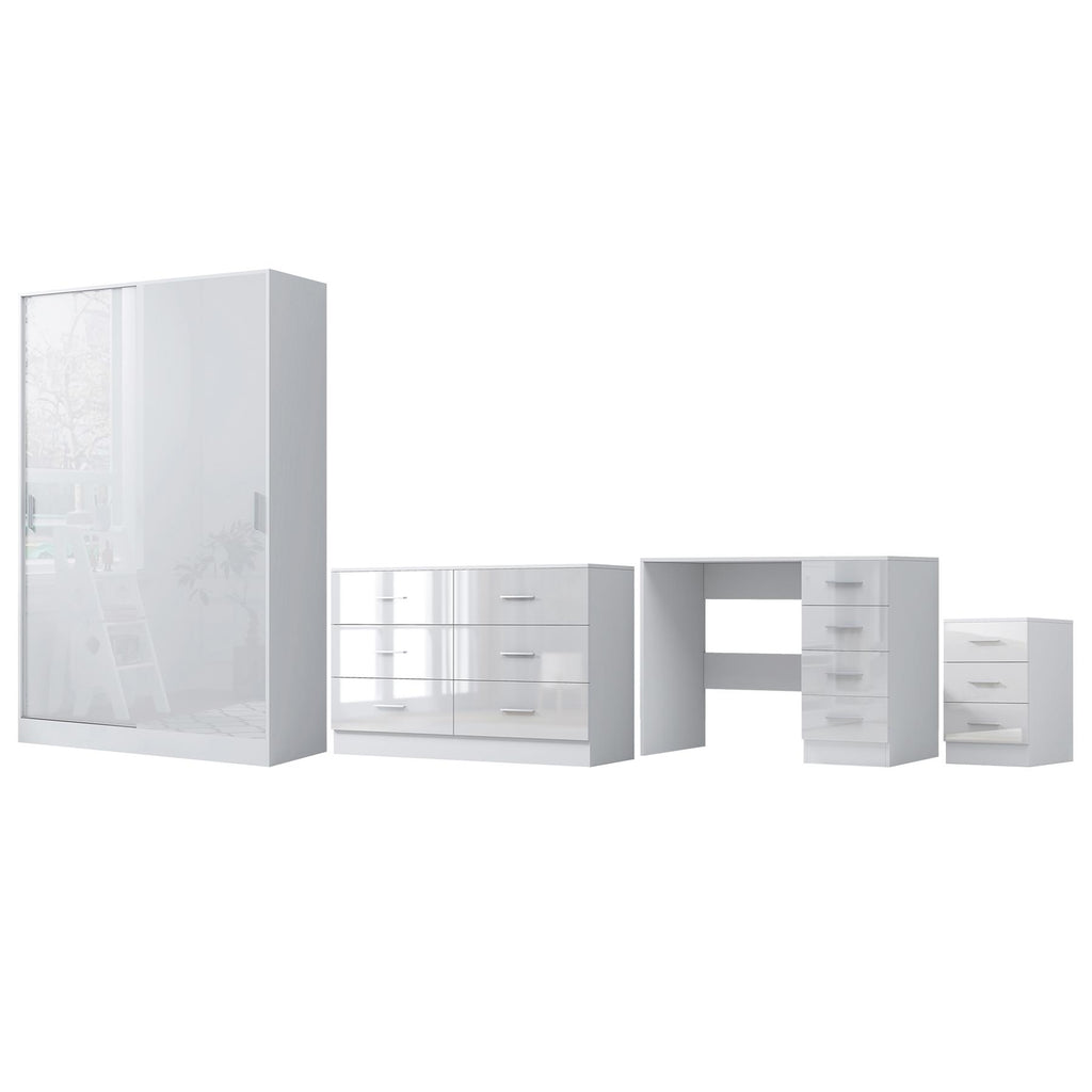 Reflect 2 Door Sliding Wardrobe, 6 Drawer Wide Chest, 3 Drawer Bedside, 4 Drawer Desk - White Gloss & Matt White - Modern Bedroom Furniture Set