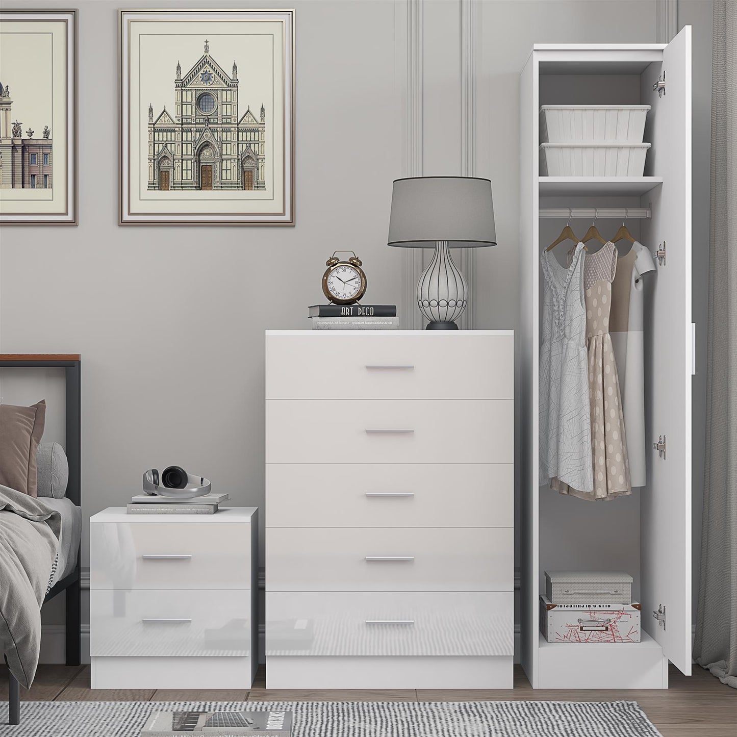 REFLECT Gloss 3pc Bedroom Set - 1 Door Wardrobe + 5 Draw Chest + Bedside