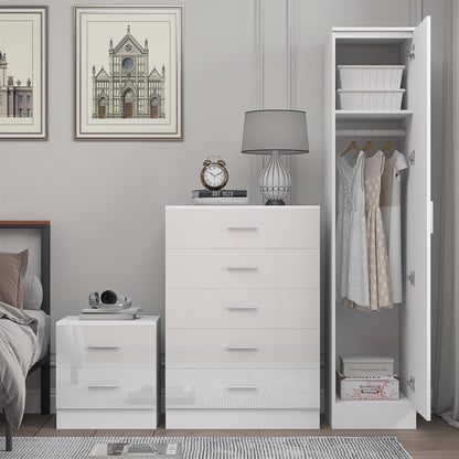 REFLECT Gloss 3pc Bedroom Set - 1 Door Wardrobe + 5 Draw Chest + Bedside