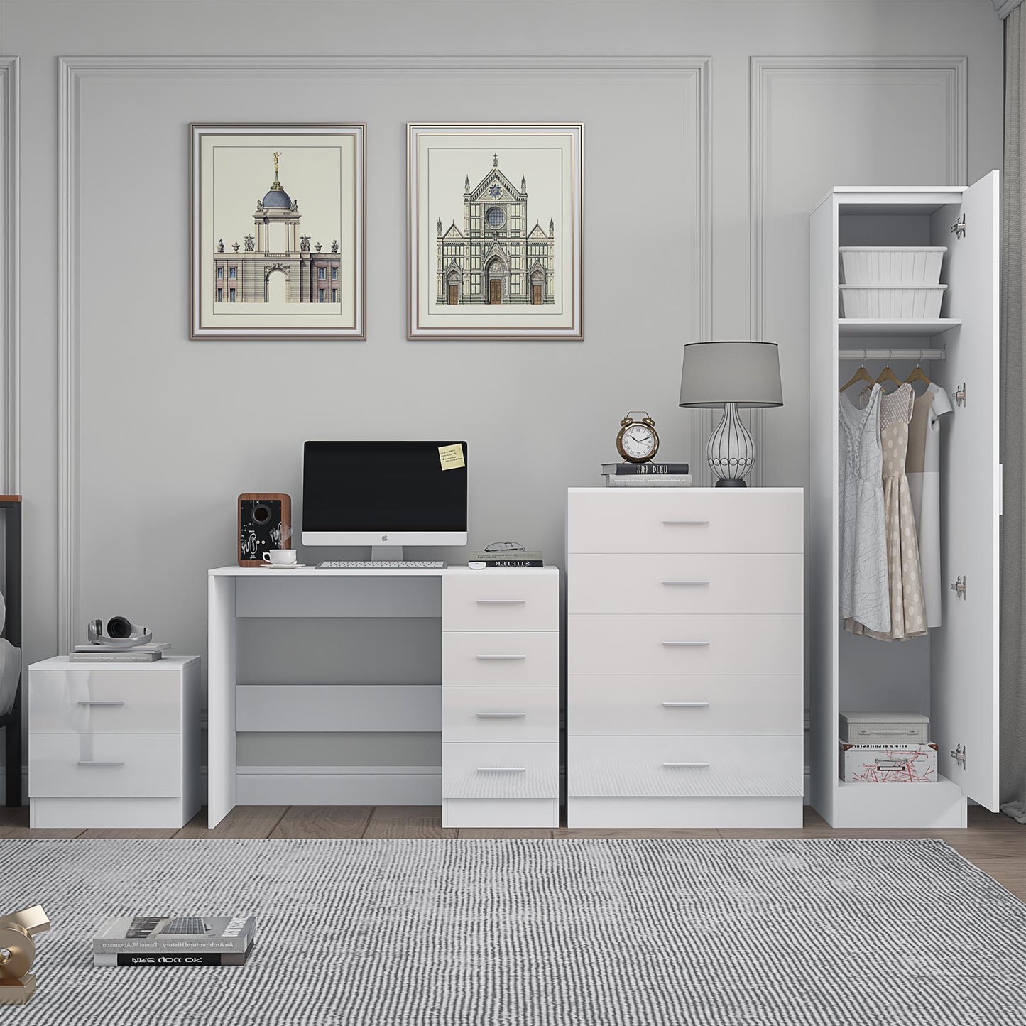 REFLECT Gloss 4pc Bedroom Set - 1 Door Wardrobe + 5 Draw Chest + Bedside + Desk