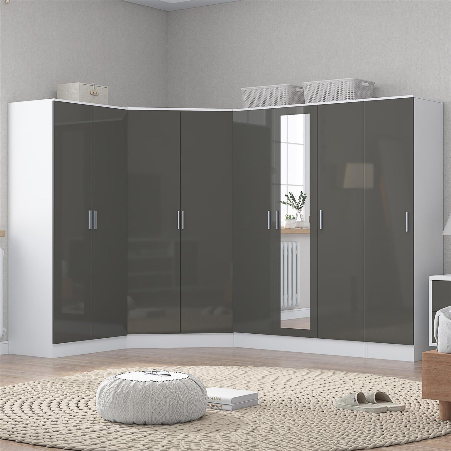REFLECT Gloss Large 8 Door Corner Mirror Wardrobe Bedroom Furniture Bundle Set