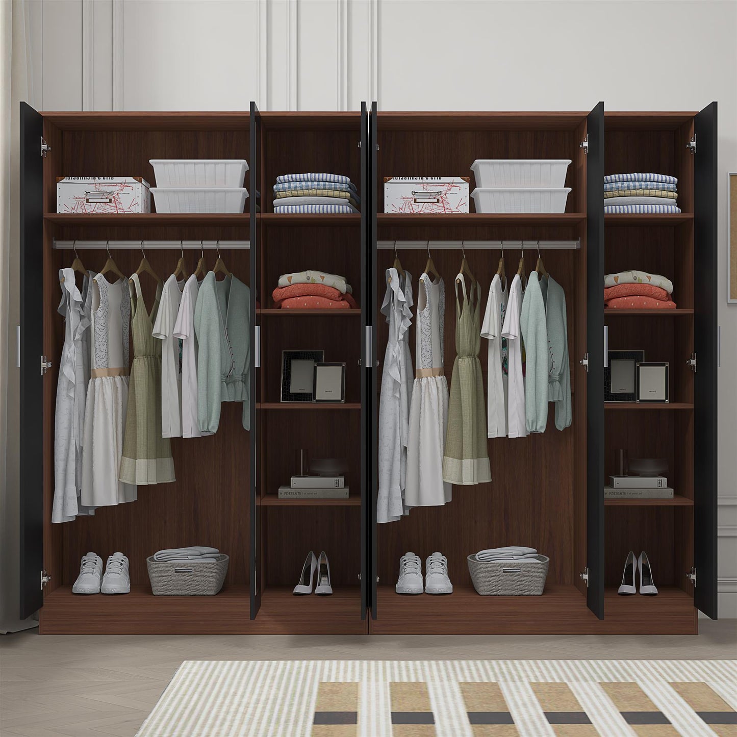 Reflect 2pc Wardrobe Bundle - 3 Door Mirror + 3 Door Mirror - Black Gloss & Walnut