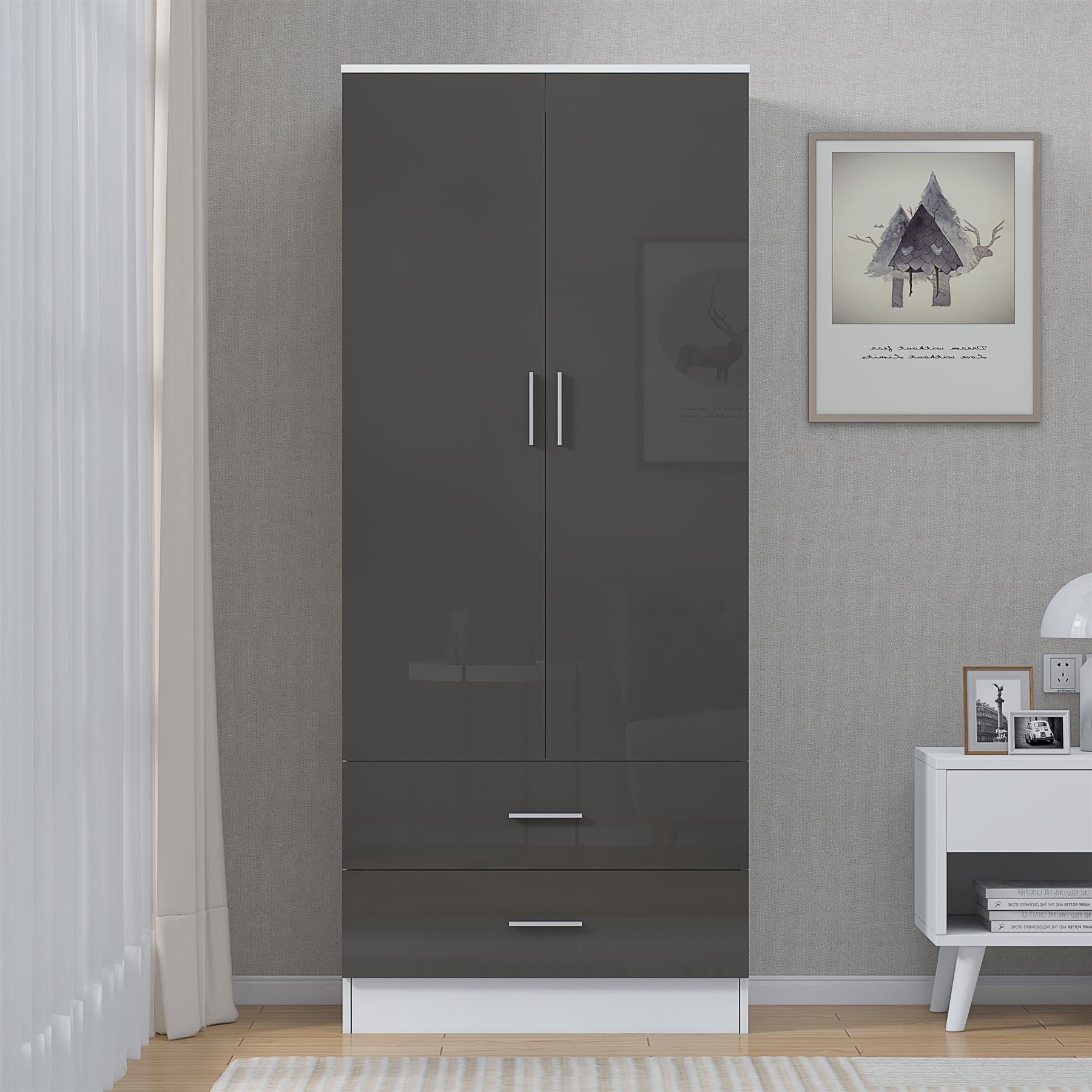 Reflect 2 Door 2 Drawer Combi Plain Wardrobe - Grey Gloss & Matt White - Hanging Rails, Drawers & Shelf - H: 180cm x W: 76cm