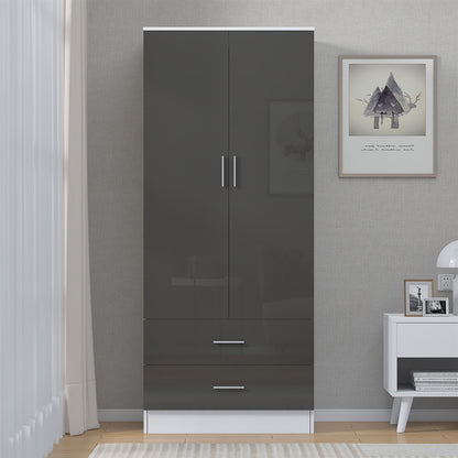 Reflect 2 Door 2 Drawer Combi Plain Wardrobe - Grey Gloss & Matt White - Hanging Rails, Drawers & Shelf