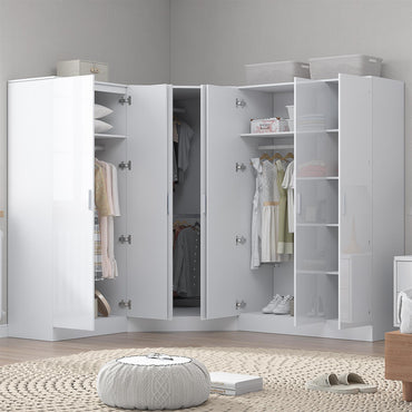 Reflect 4pc Wardrobe Bundle - 2 Door Corner + 3 Door Plain + 2 Door Plain - White Gloss & Matt White
