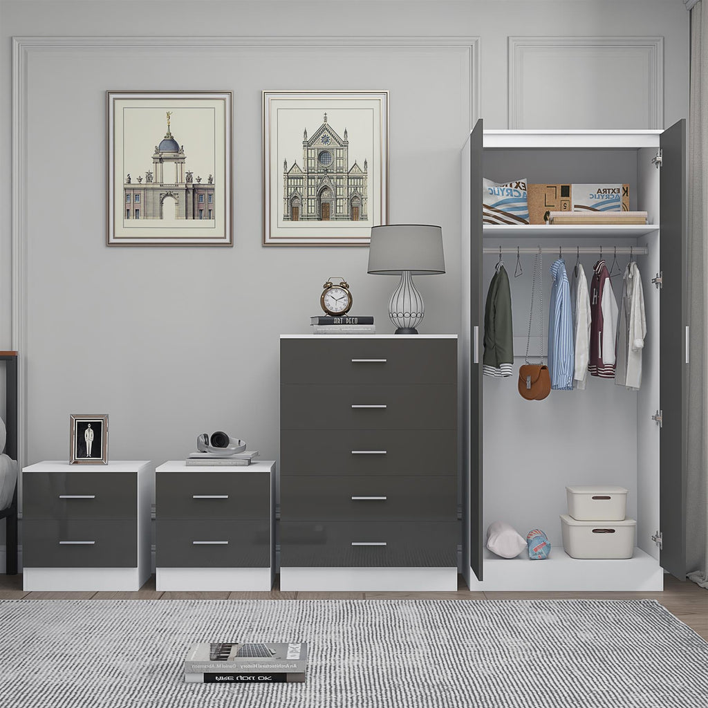 REFLECT Gloss 4pc Set - 2 Door Mirrored Wardrobe + 5 Draw Chest + 2 Bedsides