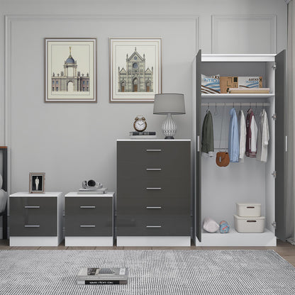 REFLECT Gloss 4pc Set - 2 Door Mirrored Wardrobe + 5 Draw Chest + 2 Bedsides