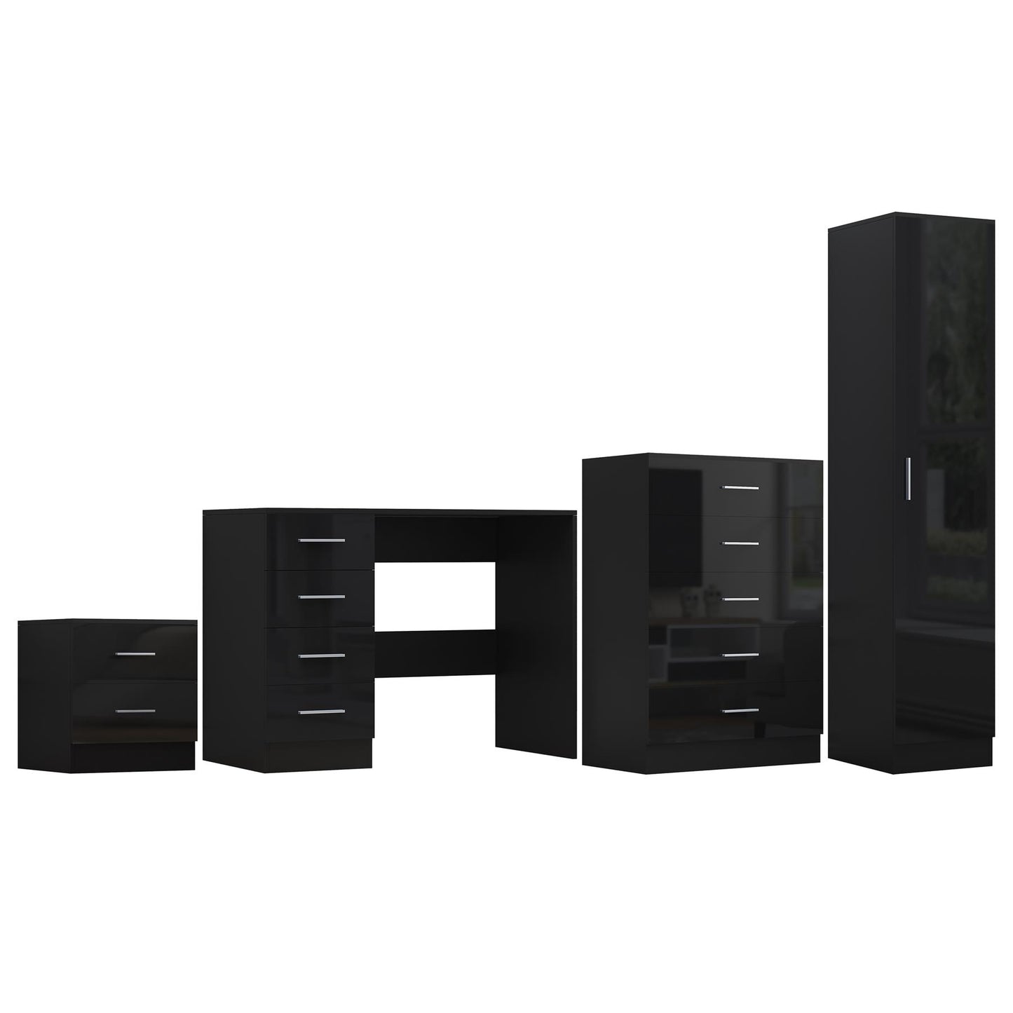 Reflect 1 Door Plain Wardrobe, 5 Drawer Chest, 2 Drawer Bedside & Desk - Black Gloss & Black Oak - Bedroom Furniture Set