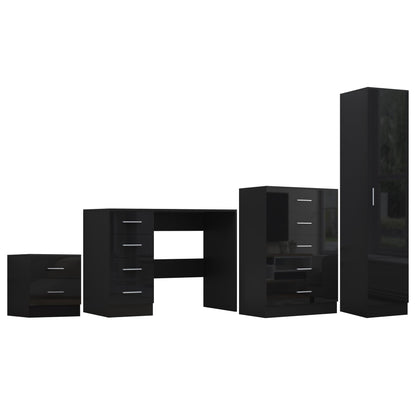 Reflect 1 Door Plain Wardrobe, 5 Drawer Chest, 2 Drawer Bedside & Desk - Black Gloss & Black Oak - Bedroom Furniture Set