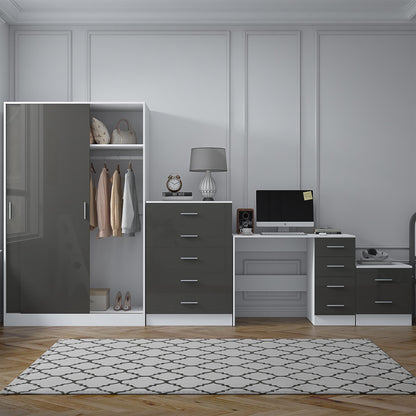 REFLECT Gloss 4pc Set - 2 Door Sliding Wardrobe + 5 Draw Chest + Bedside + Desk