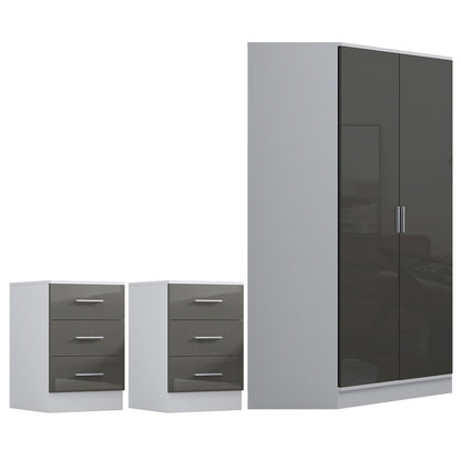 Reflect 3pc Wardrobe Bundle - 2 Door Corner + 2x 3 Drawer Bedsides - Grey Gloss & Matt White