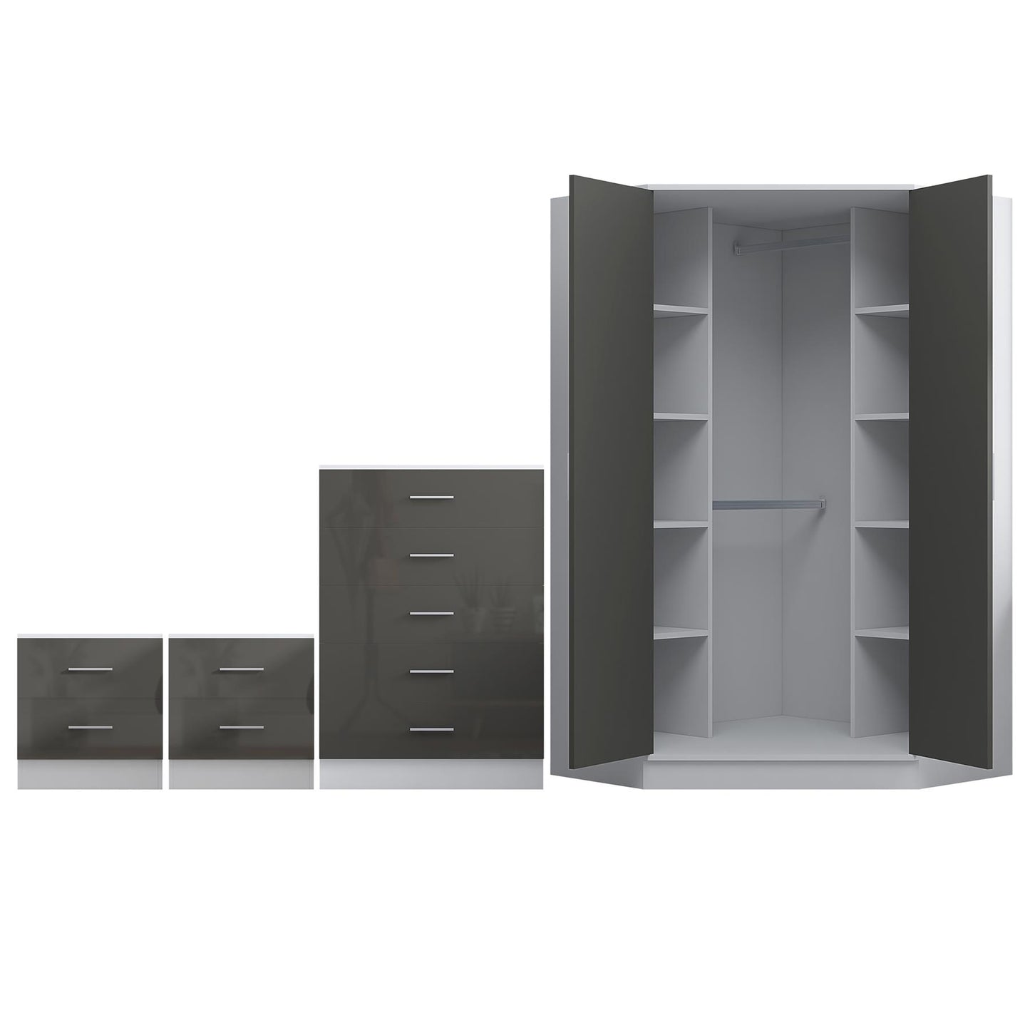 REFLECT Gloss 4pc Set - 2 Door Corner Wardrobe + 5 Draw Chest + 2 Bedsides