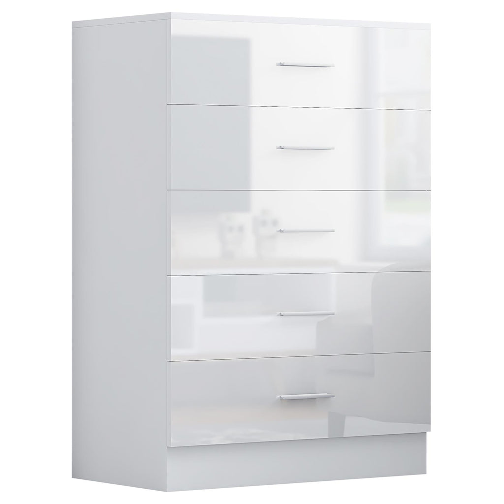 Reflect 3 Door Plain Wardrobe, 5 Drawer Chest, 2 Drawer Bedside - White Gloss & Matt White - Modern Bedroom Furniture Set